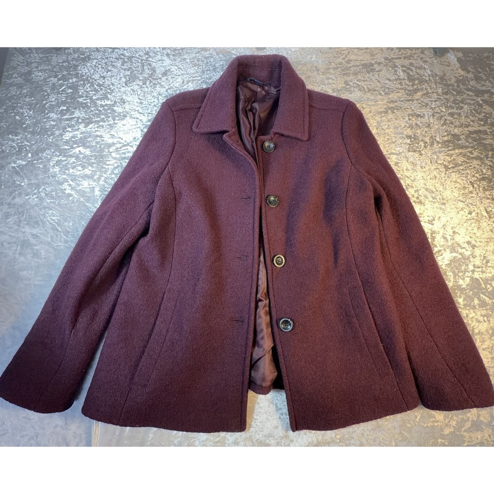 Lands End Womens Boiled Wool Walker Coat Size 12 Burgundy Button Lined